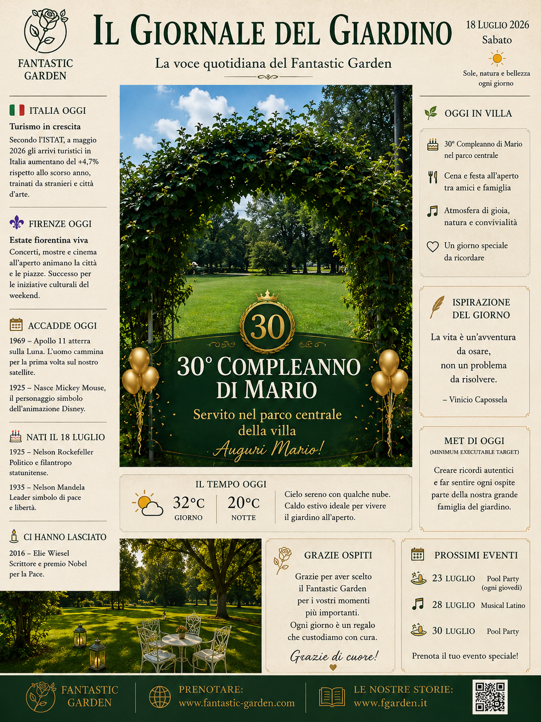Il Giornale del Giardino 18 luglio 2026 30 compleanno di Mario
