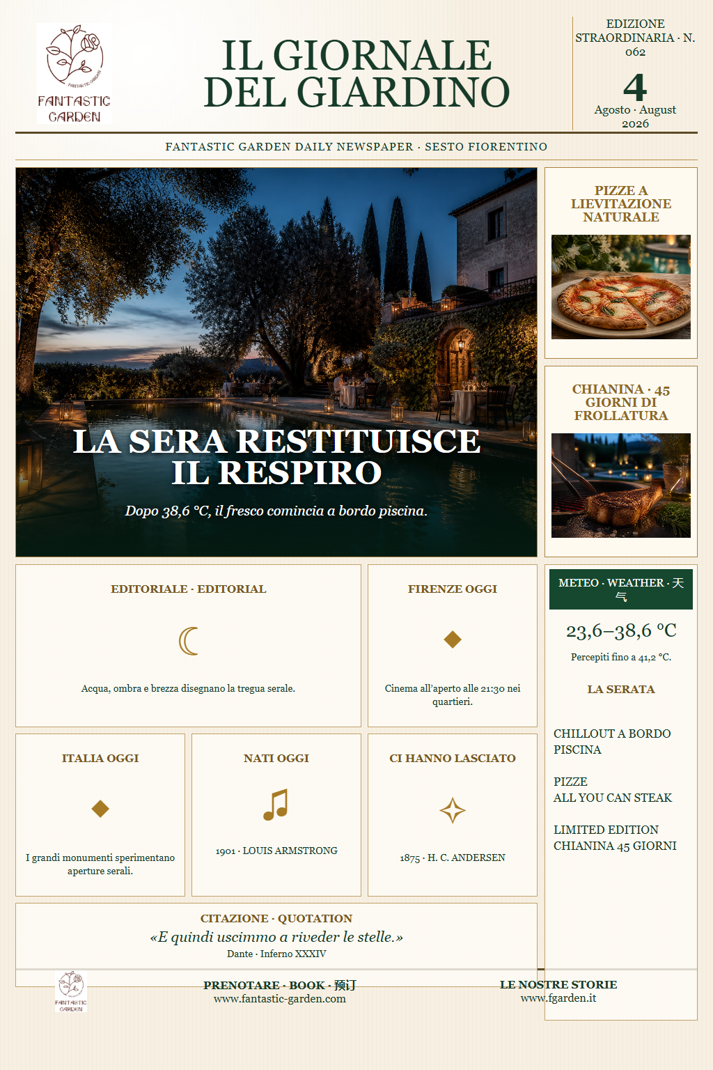 Prima pagina italiana dell’edizione straordinaria del 4 agosto 2026 del Giornale del Giardino