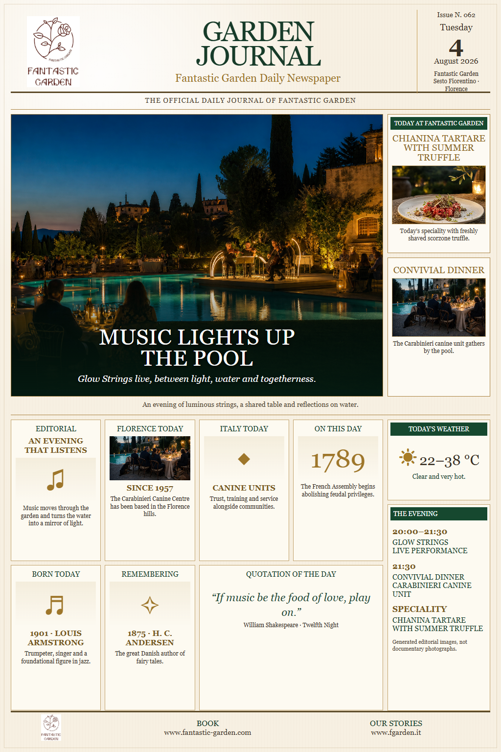 Garden Journal Issue 062 for August 4, 2026: music lights up the pool
