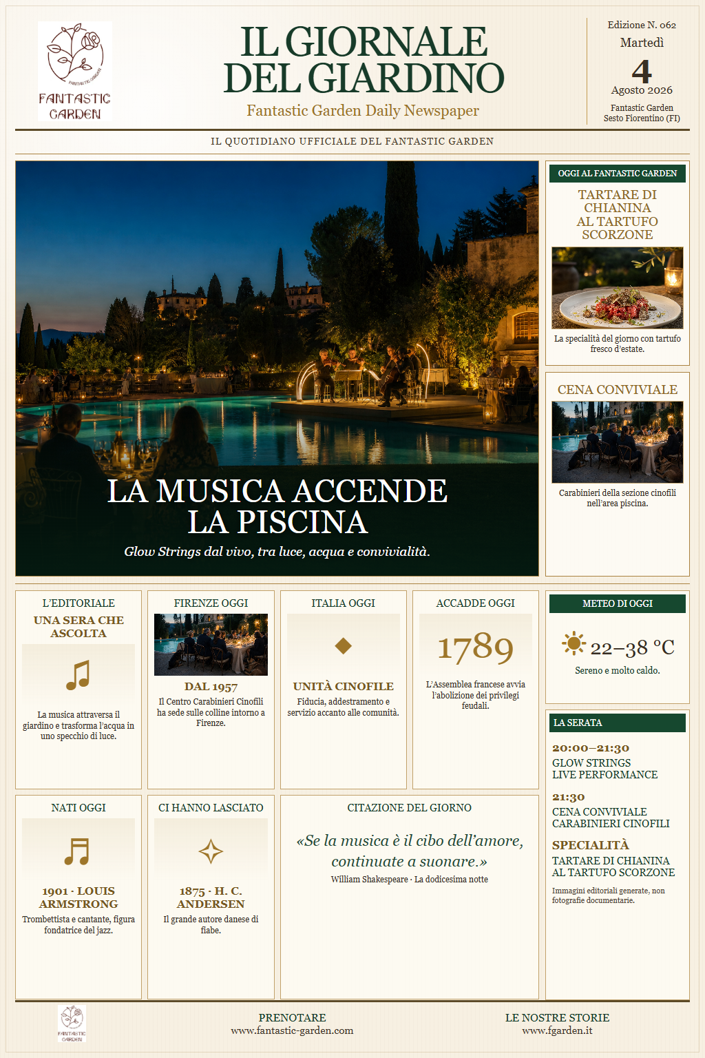 Il Giornale del Giardino, Edizione 062 del 4 agosto 2026: la musica accende la piscina