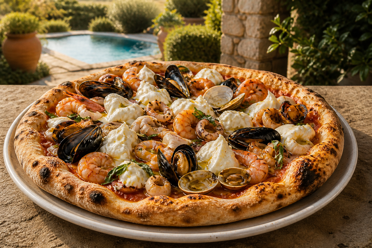 Pizza alla pescatora con bufala stracciata e olio extra vergine di oliva
