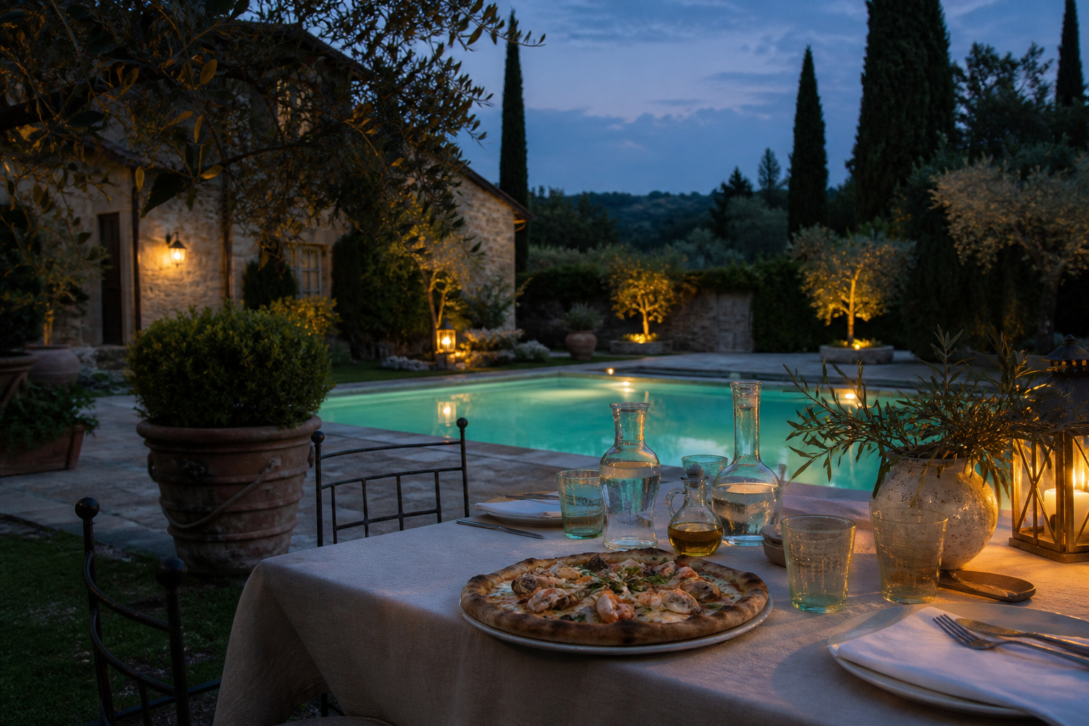 Tavola serale con pizza accanto a una piscina toscana
