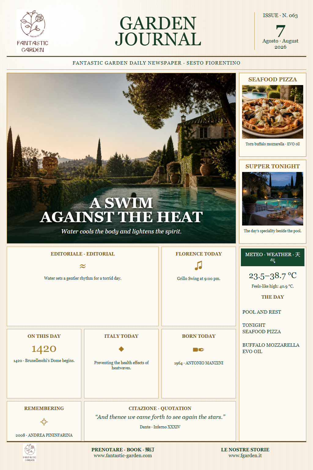 English front page of Garden Journal Issue 063, dedicated to the heat, the swimming pool and seafood pizza