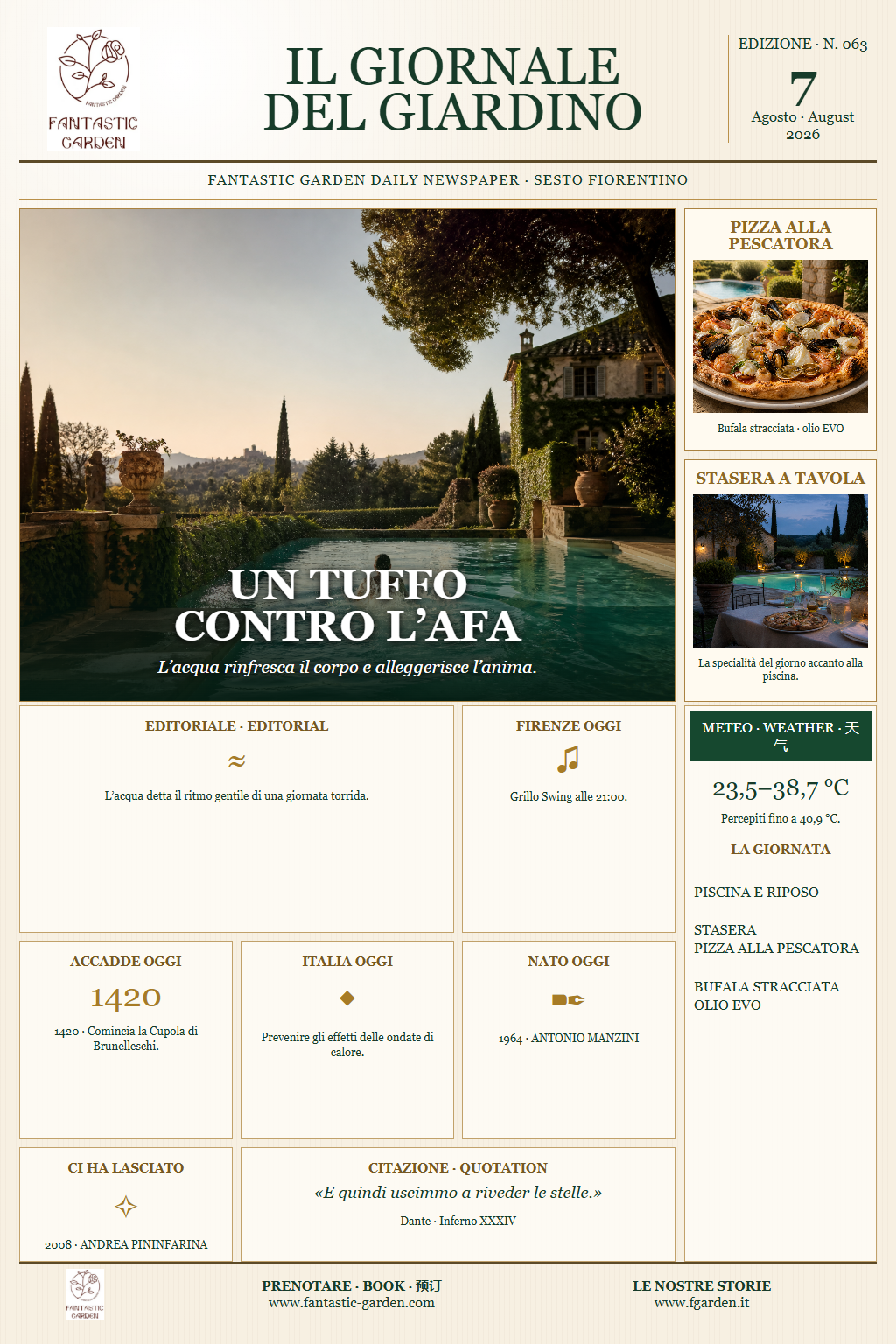 Prima pagina italiana dell’Edizione 063 del Giornale del Giardino, dedicata al caldo, alla piscina e alla pizza alla pescatora