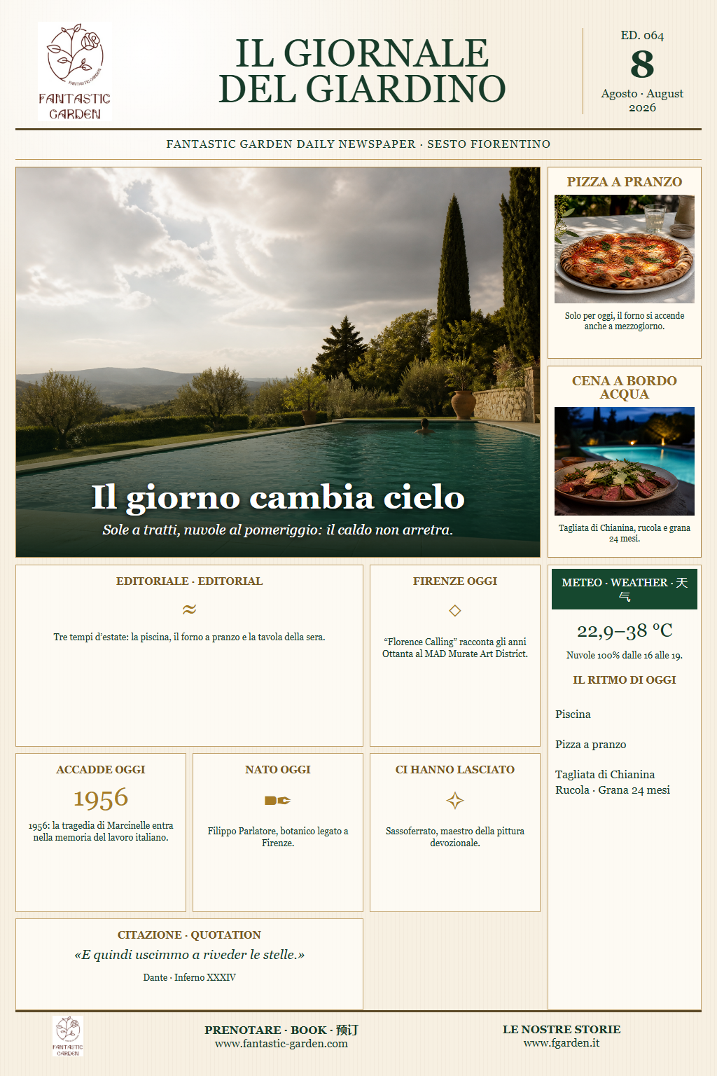Prima pagina italiana dell’Edizione 064 del Giornale del Giardino, dedicata al caldo, alla piscina, alle pizze a pranzo e alla tagliata di Chianina