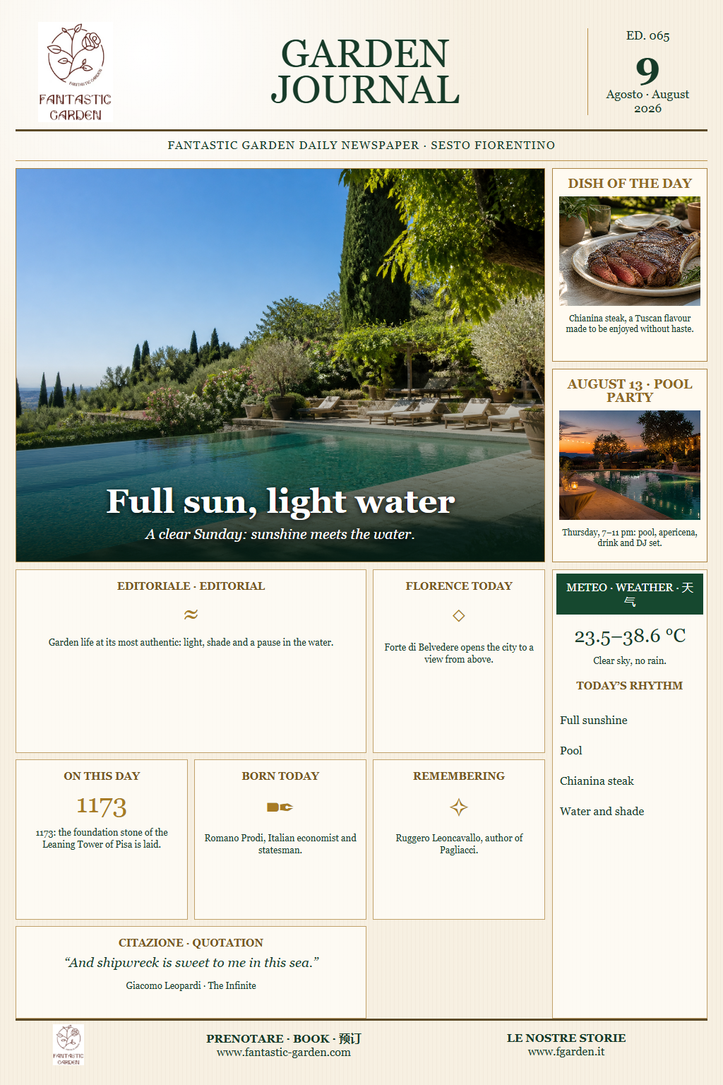 English front page of Garden Journal Issue 065, dedicated to the sunny Sunday, the pool and Chianina steak