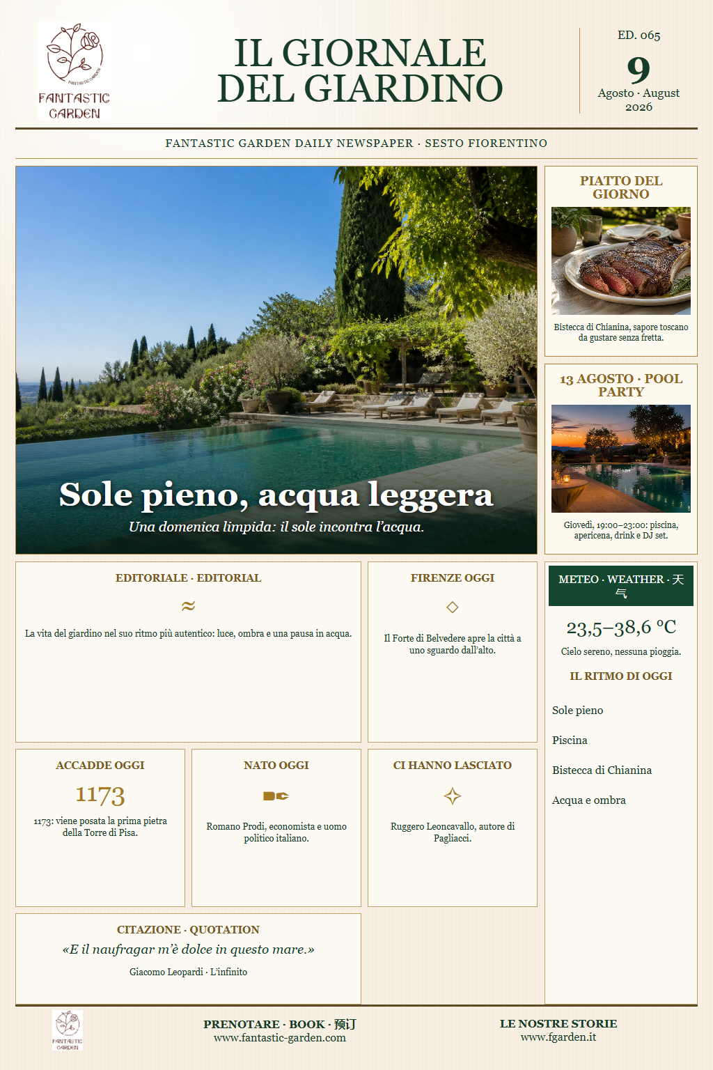 Prima pagina italiana dell’Edizione 065 del Giornale del Giardino, dedicata alla domenica di sole, alla piscina e alla bistecca di Chianina
