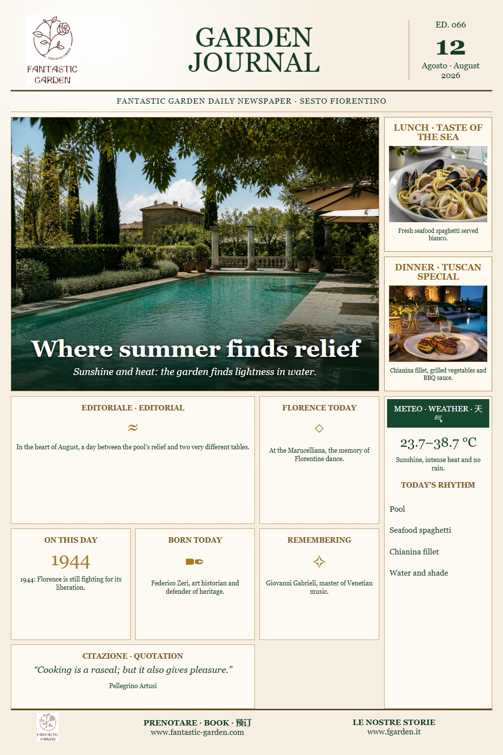 English front page of Garden Journal Issue 066, dedicated to the pool, seafood spaghetti and Chianina fillet