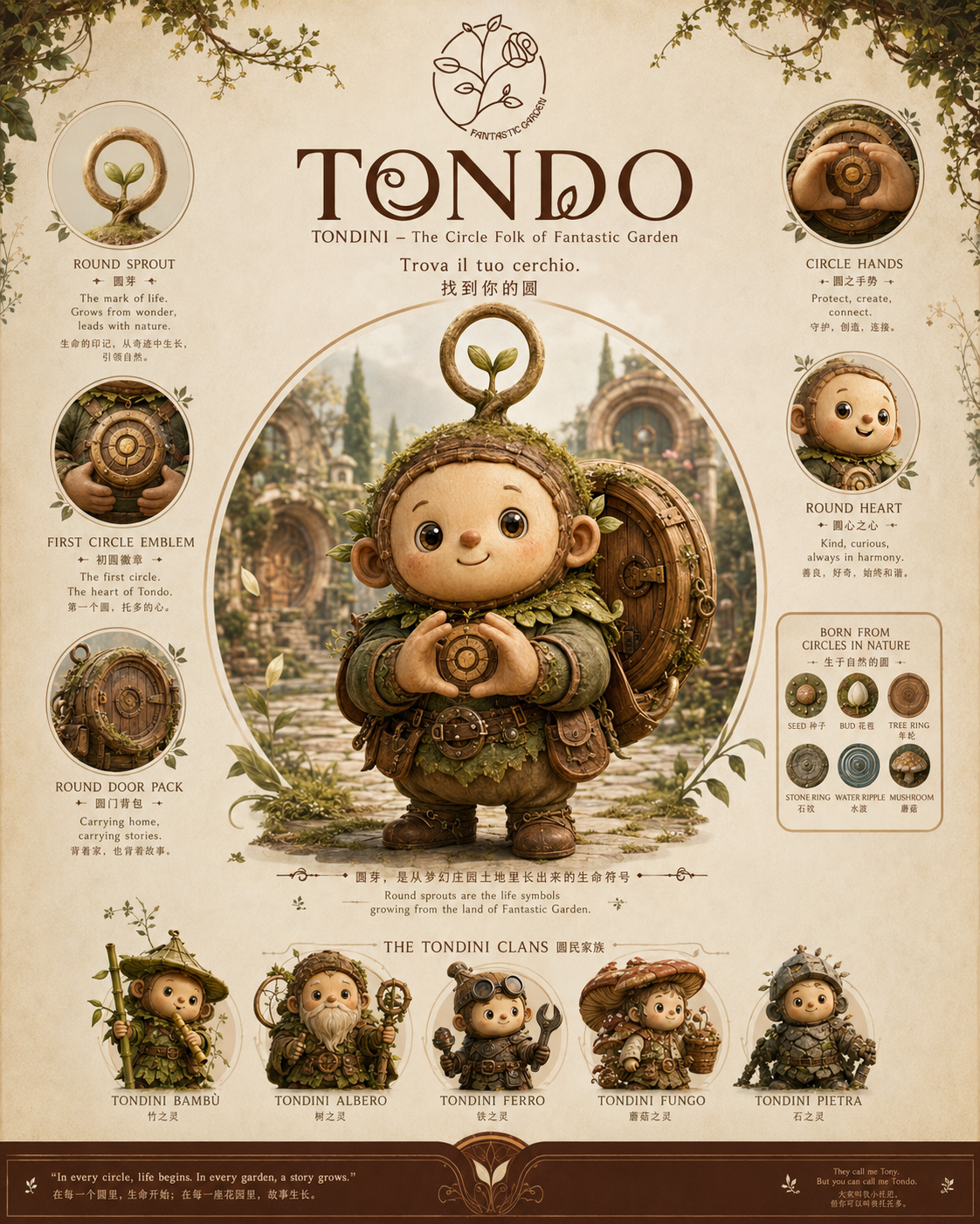 Tondini IP visual board with Tondo, round sprout, circle hands, emblem, round door pack and clans